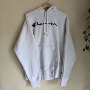 Champion Men's White Fleece Pullover Hoodie Logo Embroidered Size L